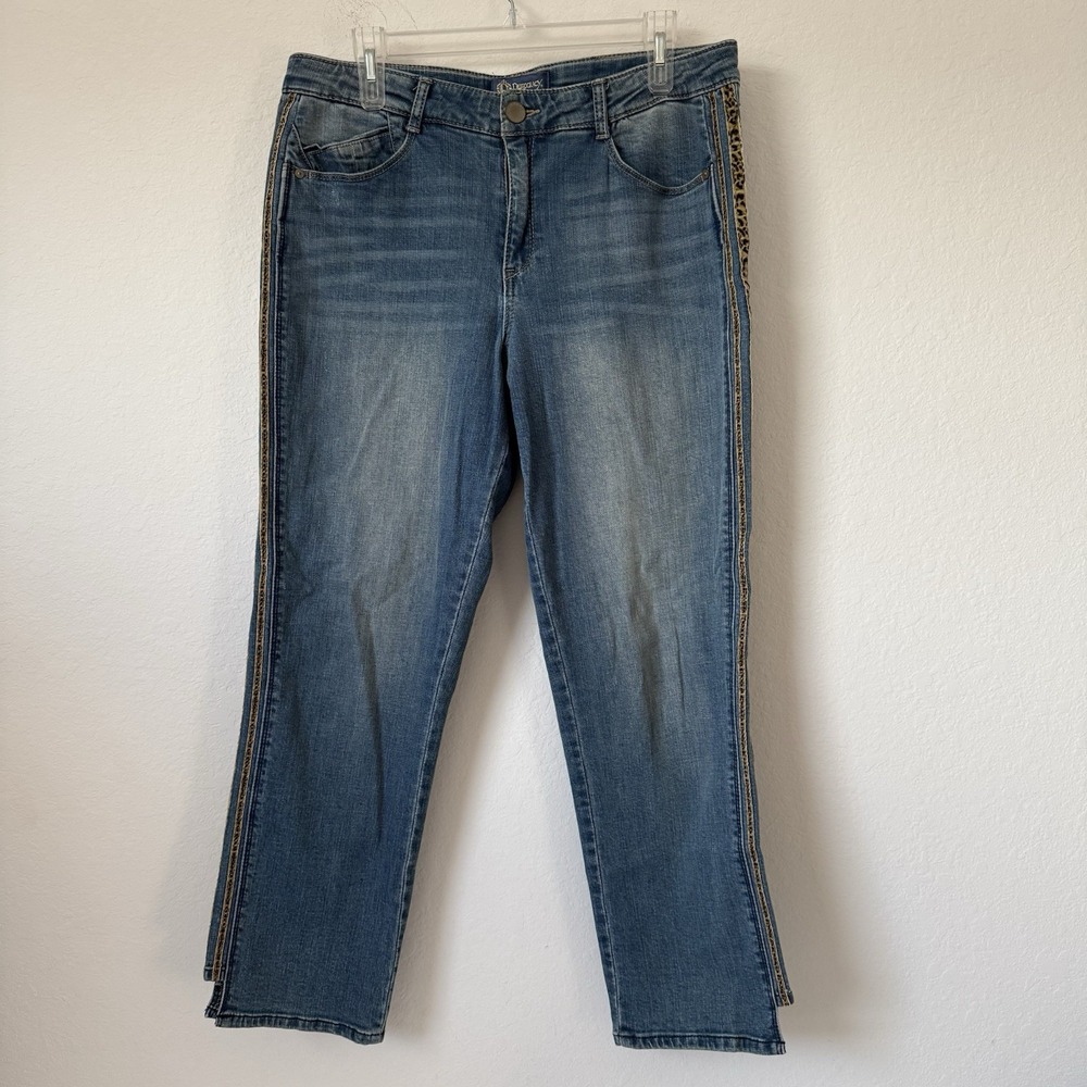 Democracy Flex-ellent Women's Size 12 Jeans Blue Denim Animal Print Side Stripe